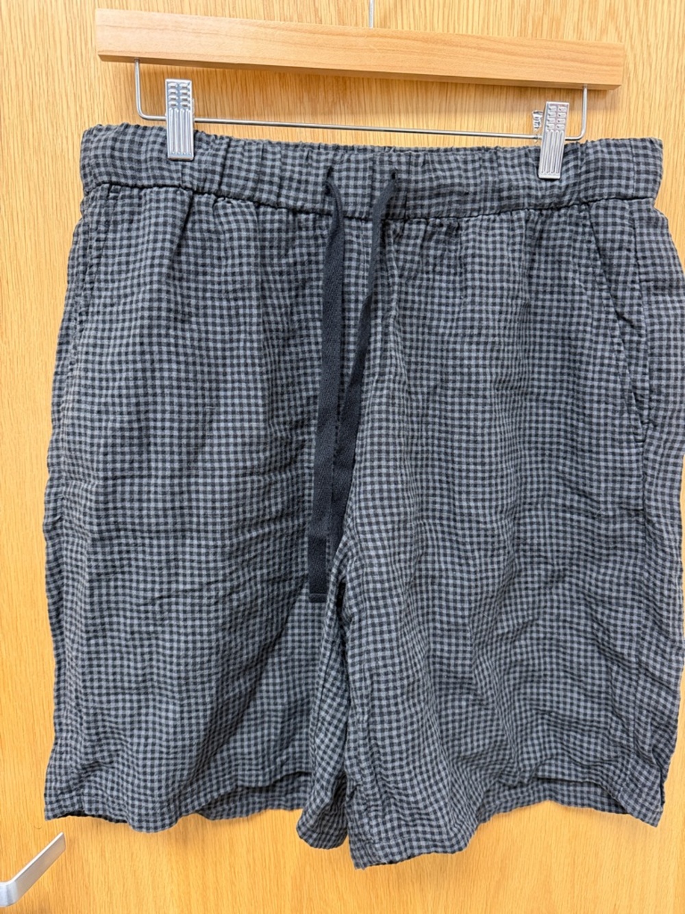 Eileen Fisher 100% Linen Drawstring Checkered Shorts in Charcoal